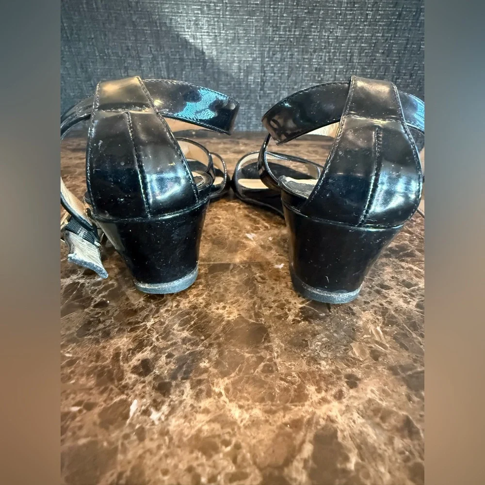 Jimmy Choo. Black Patent Connor Wedge Sandals. Size 37.